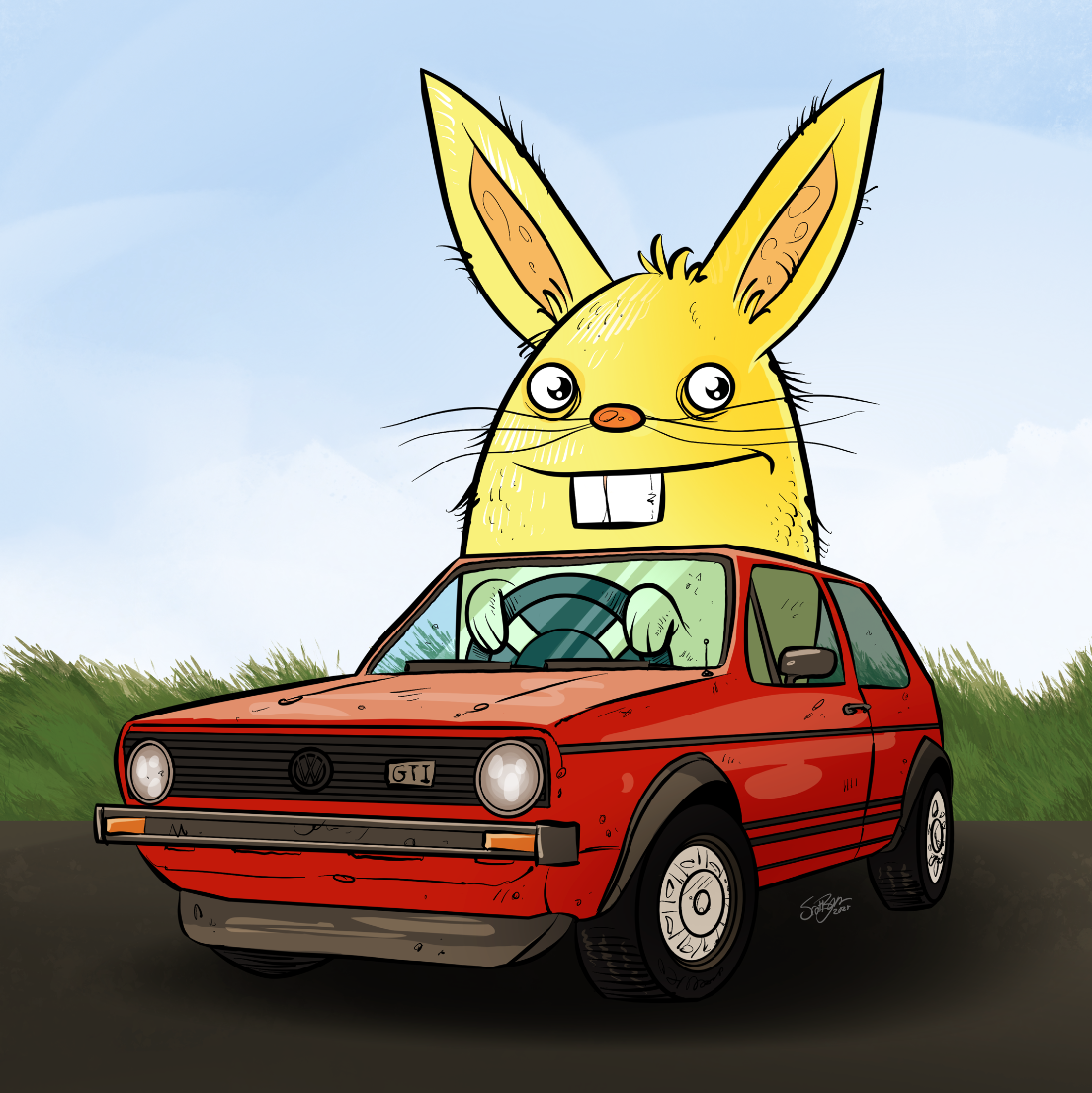 A Rabbit driving a VW Rabbit, by Scott Johnson - 11x11" signed by Scott